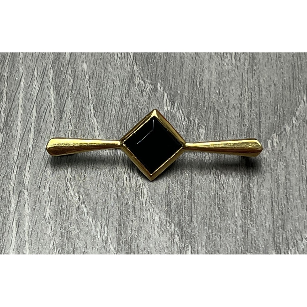Vintage Trifari Gold Tone‎ Black Onyx Square Bar Brooch Pin Crown Signed Jewelry